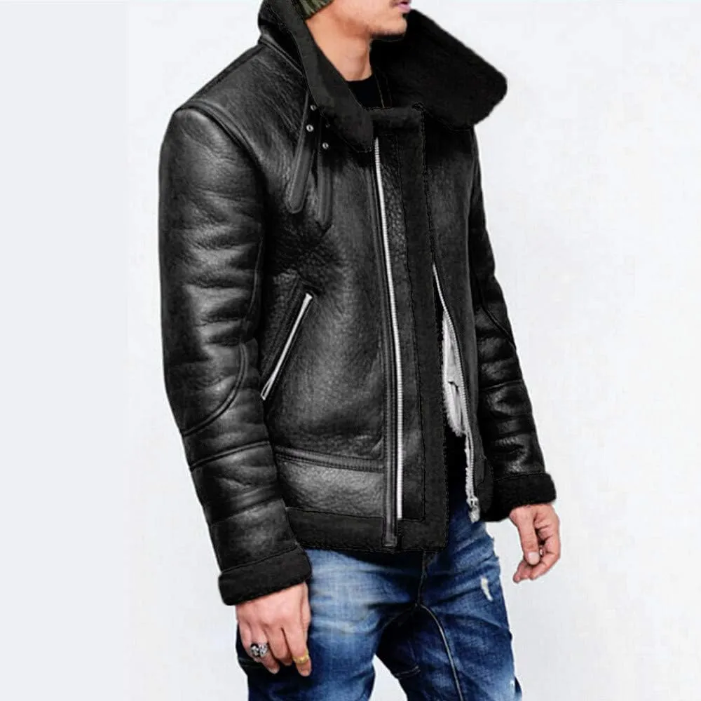 ZYXTIM Mens Winter Warm Faux Fur Lined Leather Motorcycle Jacket Classic Vintage Full-Zip Parka Trucker Bomber Jackets